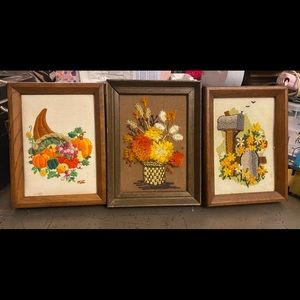 Vintage Cottage Core Framed Embroidered pictures (no glass) Set of 3